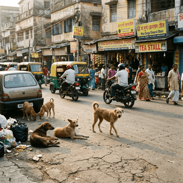 Stray dogs sitting and walking on a cracked street in front of shops with vehicles and pedestrians nearby
